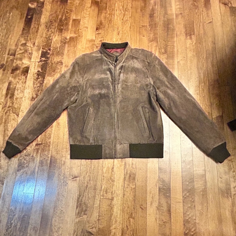 Peter England Men's L Suede Bomber Jacket Full Zip Ribbed Collar Cuffs Brown